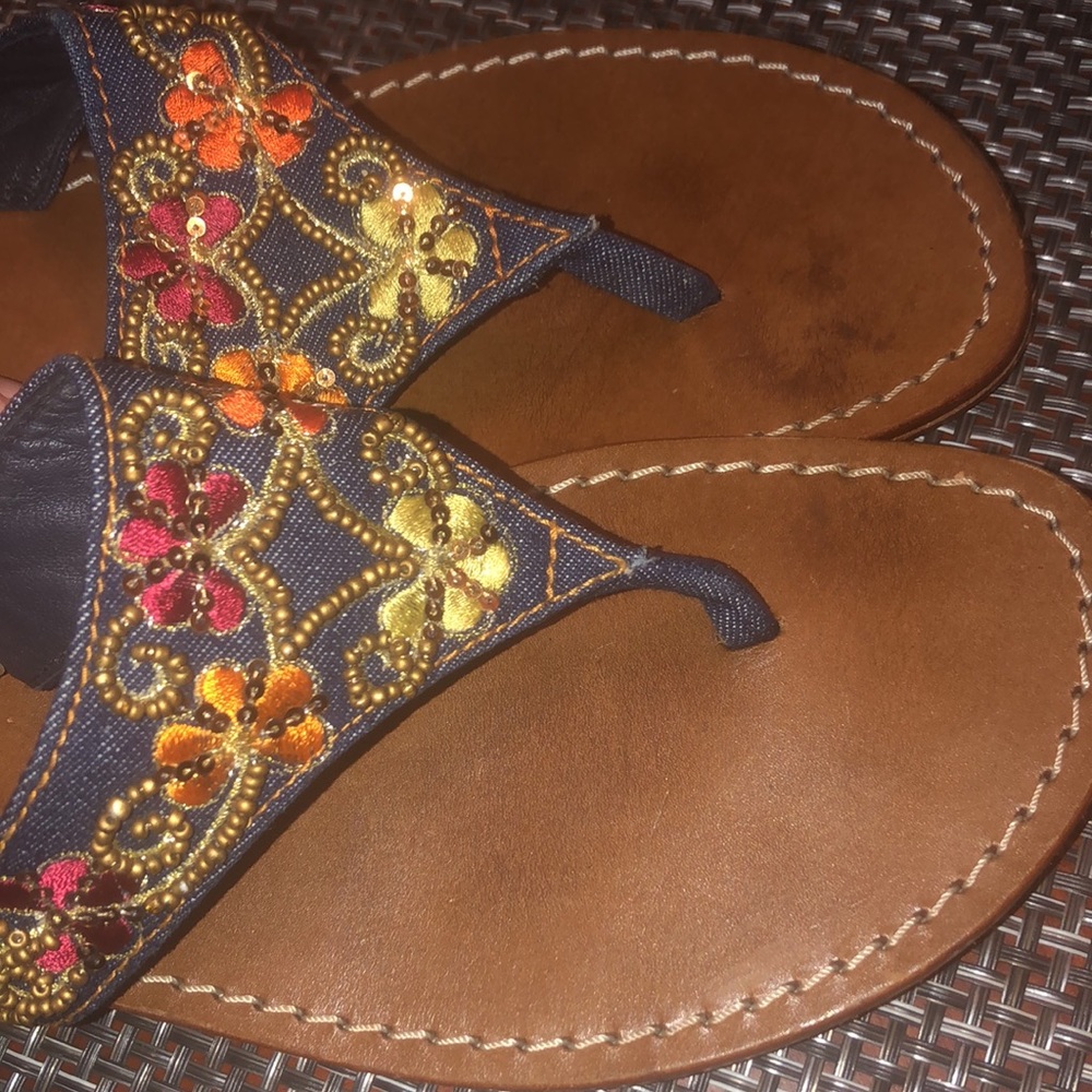 Prwnd SURKANA leather/ denim w red. Orange and gold embellished sz10